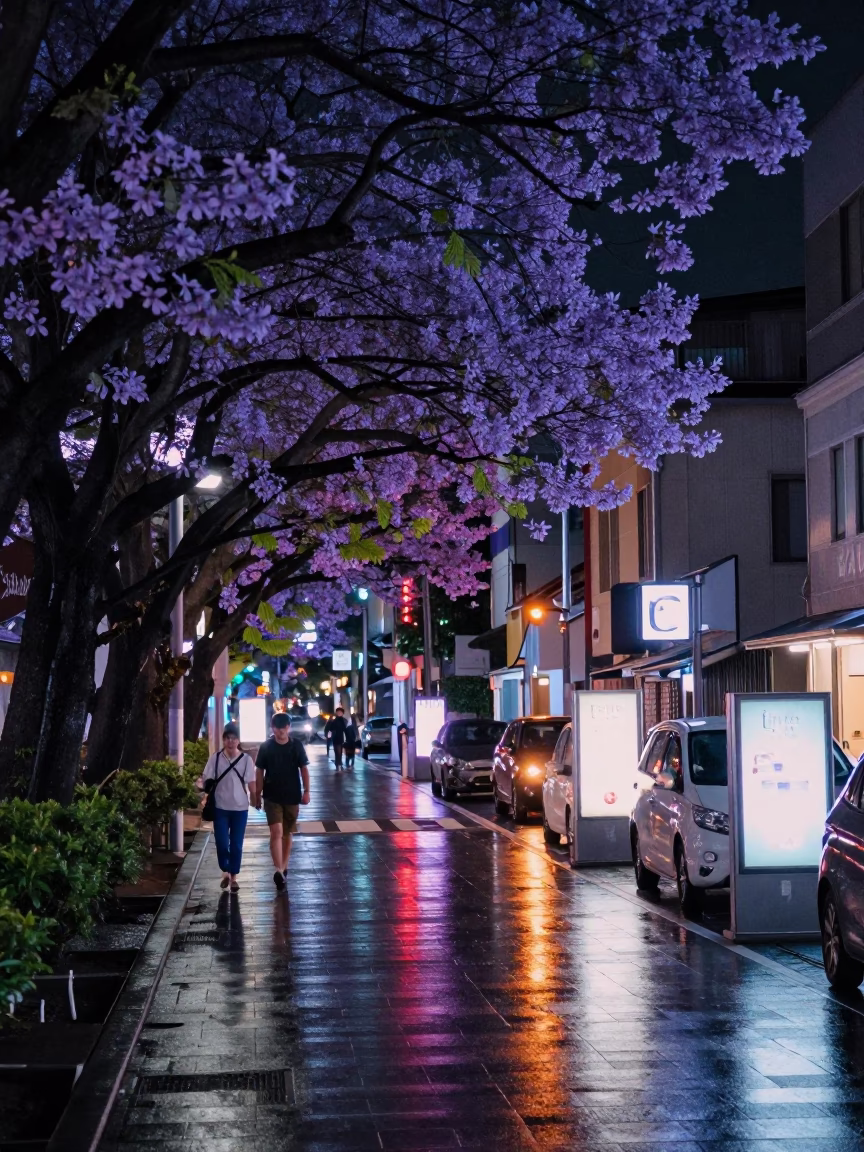 Late Night Fukuoka Street Scene with Neon Reflections and Local Shop Details in in Fukuoka, Japan