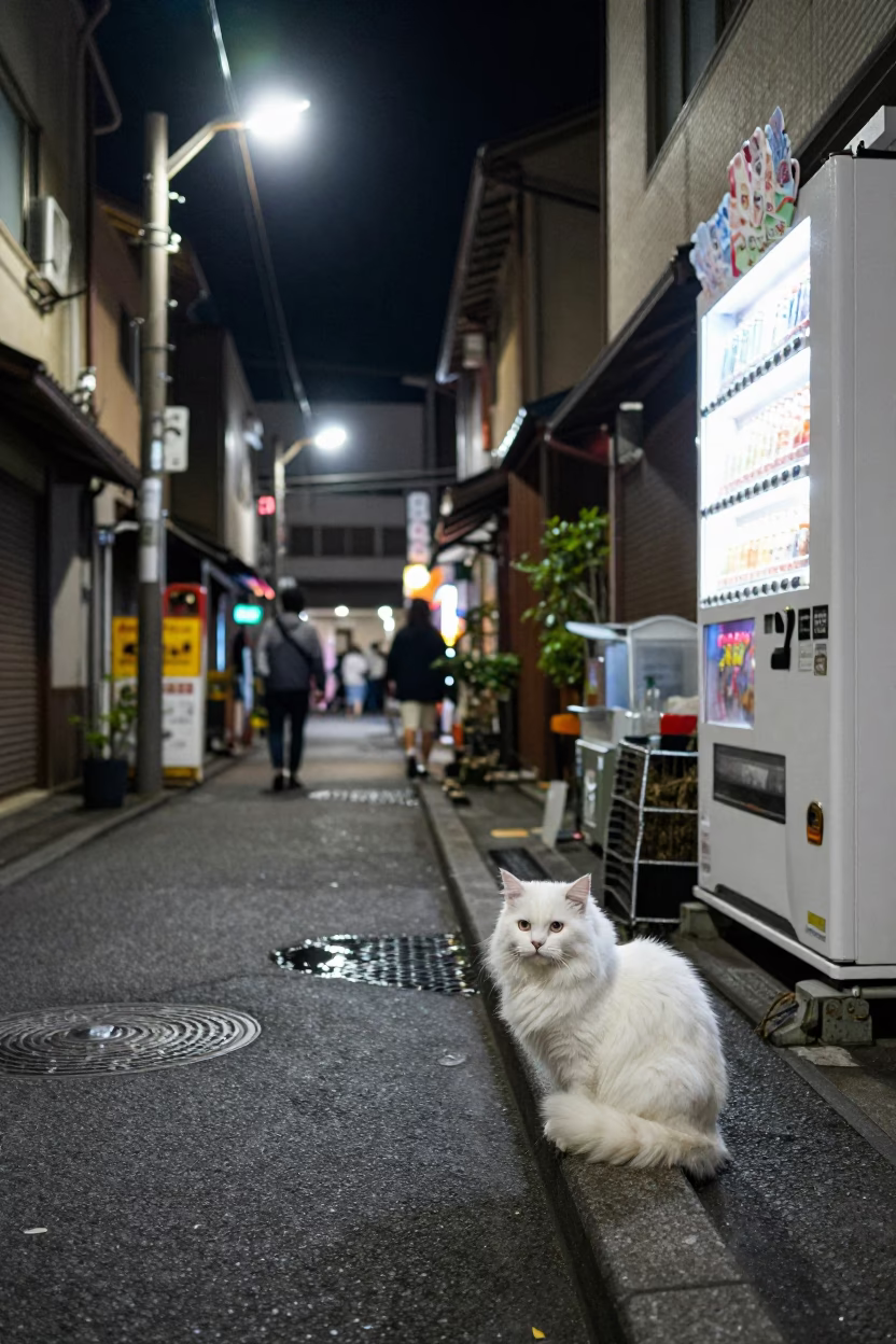 Late Night Fukuoka Street Scene with Neon Reflections and Urban Clutter in in Fukuoka, Japan