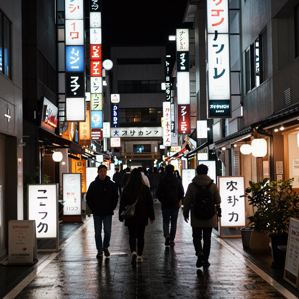 Late Night Fukuoka Street Scene with Neon Signs and Ceramic Pitcher in in Fukuoka, Japan