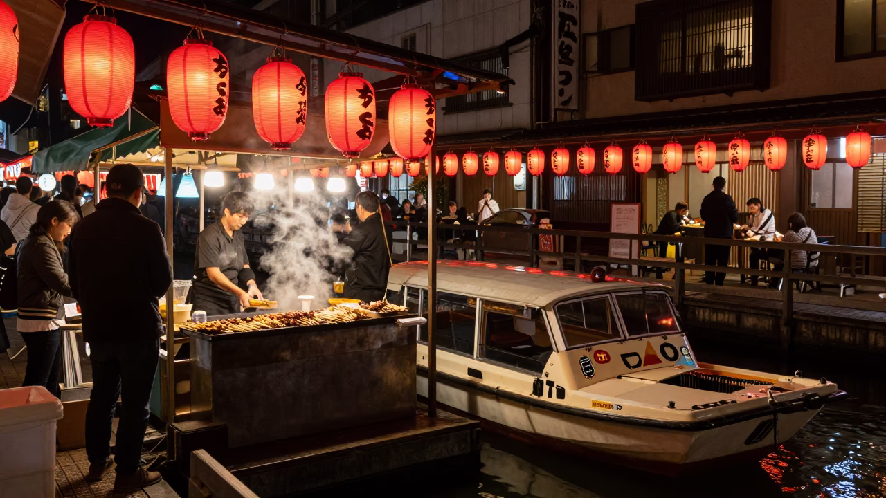 Late Night Fukuoka Street Scene with Night Market Lanterns and Water Taxi Dock in in Fukuoka, Japan