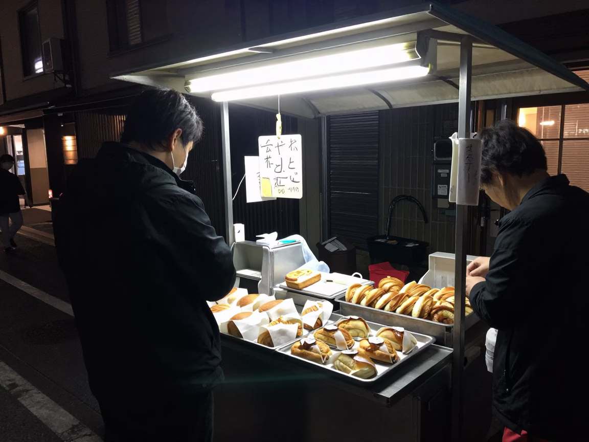 Late Night Fukuoka Street Scene with Pastries and Tea Tray on Concrete in in Fukuoka, Japan