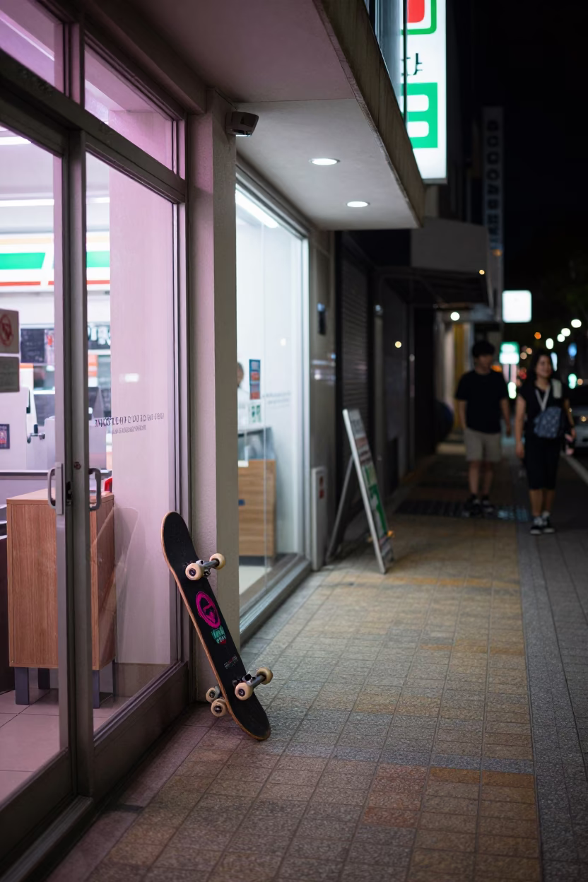 Late Night Fukuoka Street Scene with Skateboard and Neon Reflections in in Fukuoka, Japan