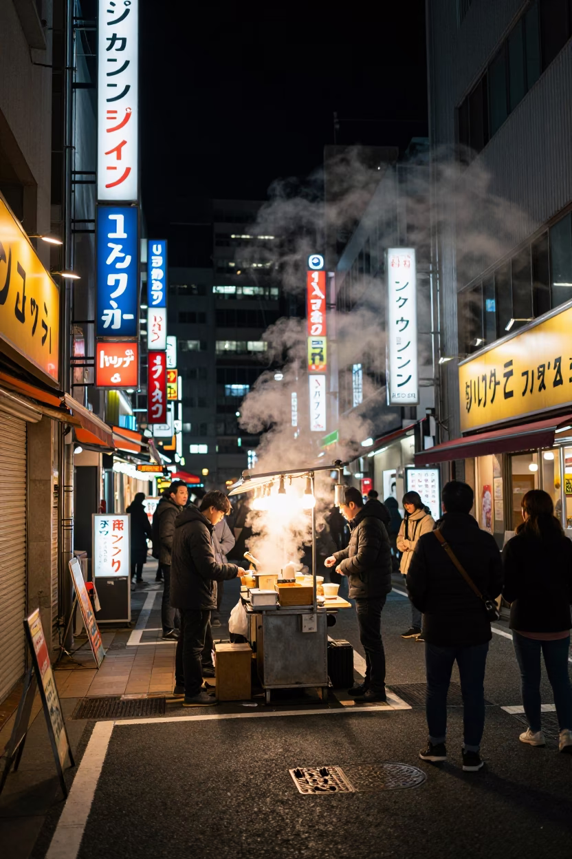 Late Night Fukuoka Street Scene with Steam and City Lights in in Fukuoka, Japan
