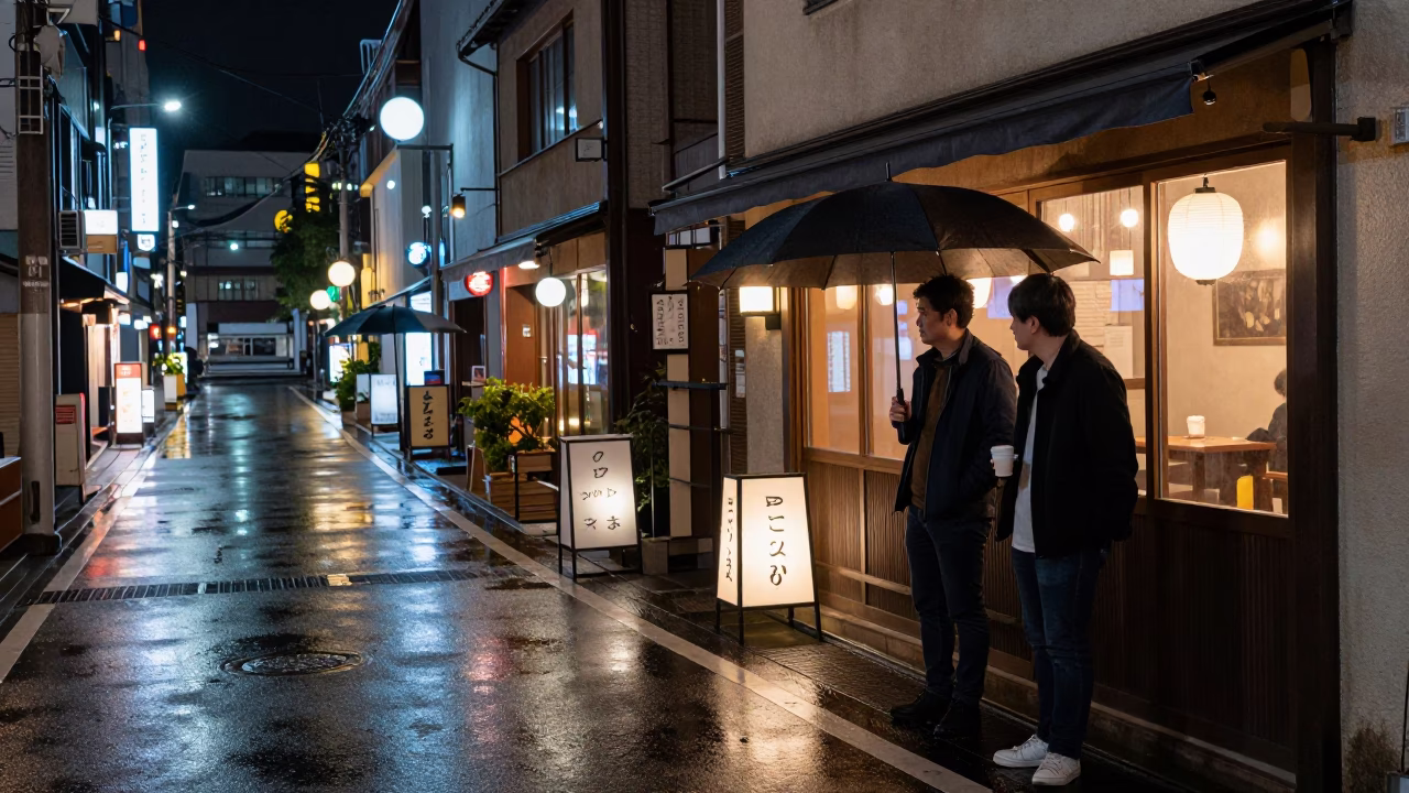Late Night Fukuoka Street Scene with Umbrellas and Coffee Mugs in Japan in in Fukuoka, Japan