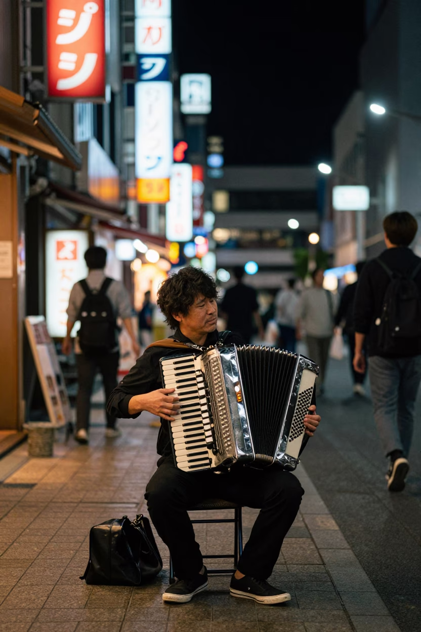 Late Night Fukuoka Street Scene with Vintage Accordion and Urban Details in in Fukuoka, Japan