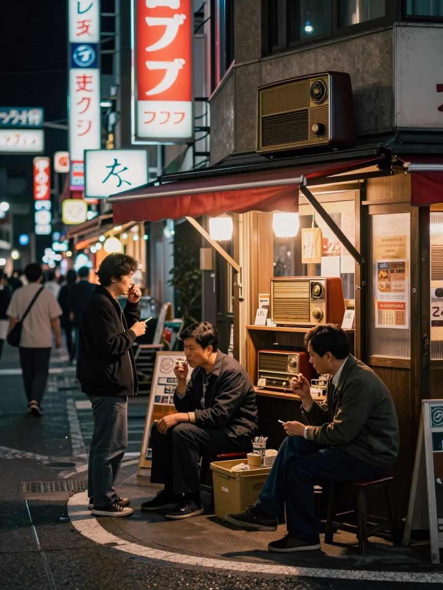 Late Night Fukuoka Street Scene with Vintage Radio and Ashtray in in Fukuoka, Japan