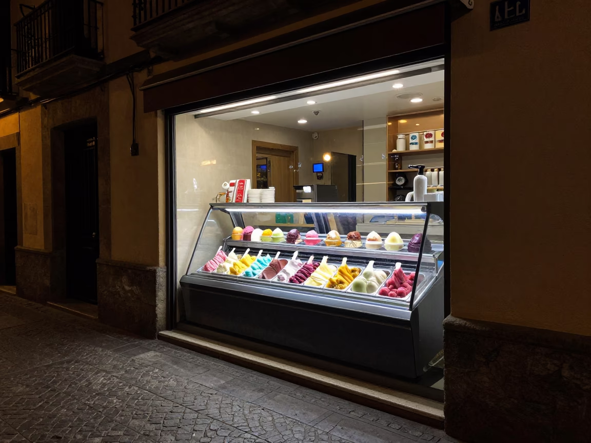 Late Night Gelato Display Window in Granada Spain With Neon Reflections in in Granada, Spain