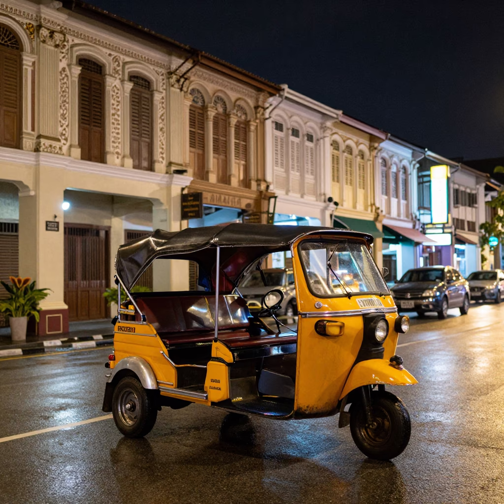 Late Night George Town Malaysia Street Scene with Auto Rickshaw and Neon Signs in in George Town, Malaysia