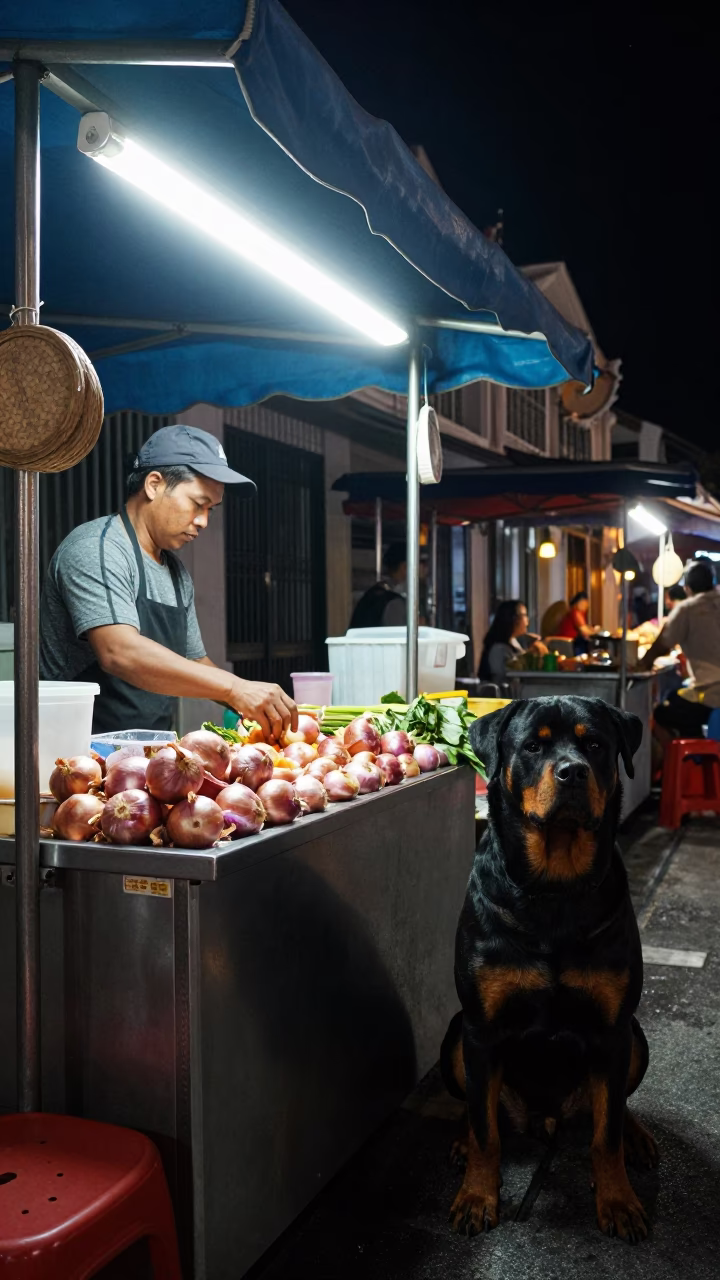 Late Night George Town Street Food Stall with Rottweiler and Onions in Penang Malaysia in in George Town, Malaysia