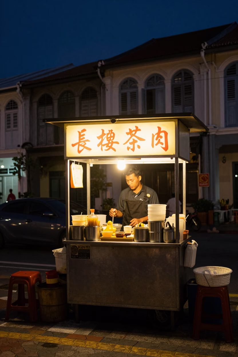 Late Night George Town Street Food Stall with Vintage Bakelite Telephone and Jianbing Crepe in in George Town, Malaysia