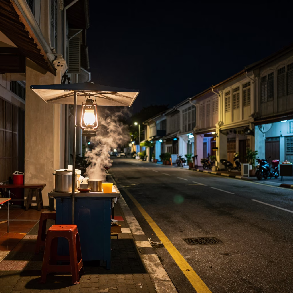Late Night George Town Street Scene with Hurricane Lamp and Tea Cup in in George Town, Malaysia