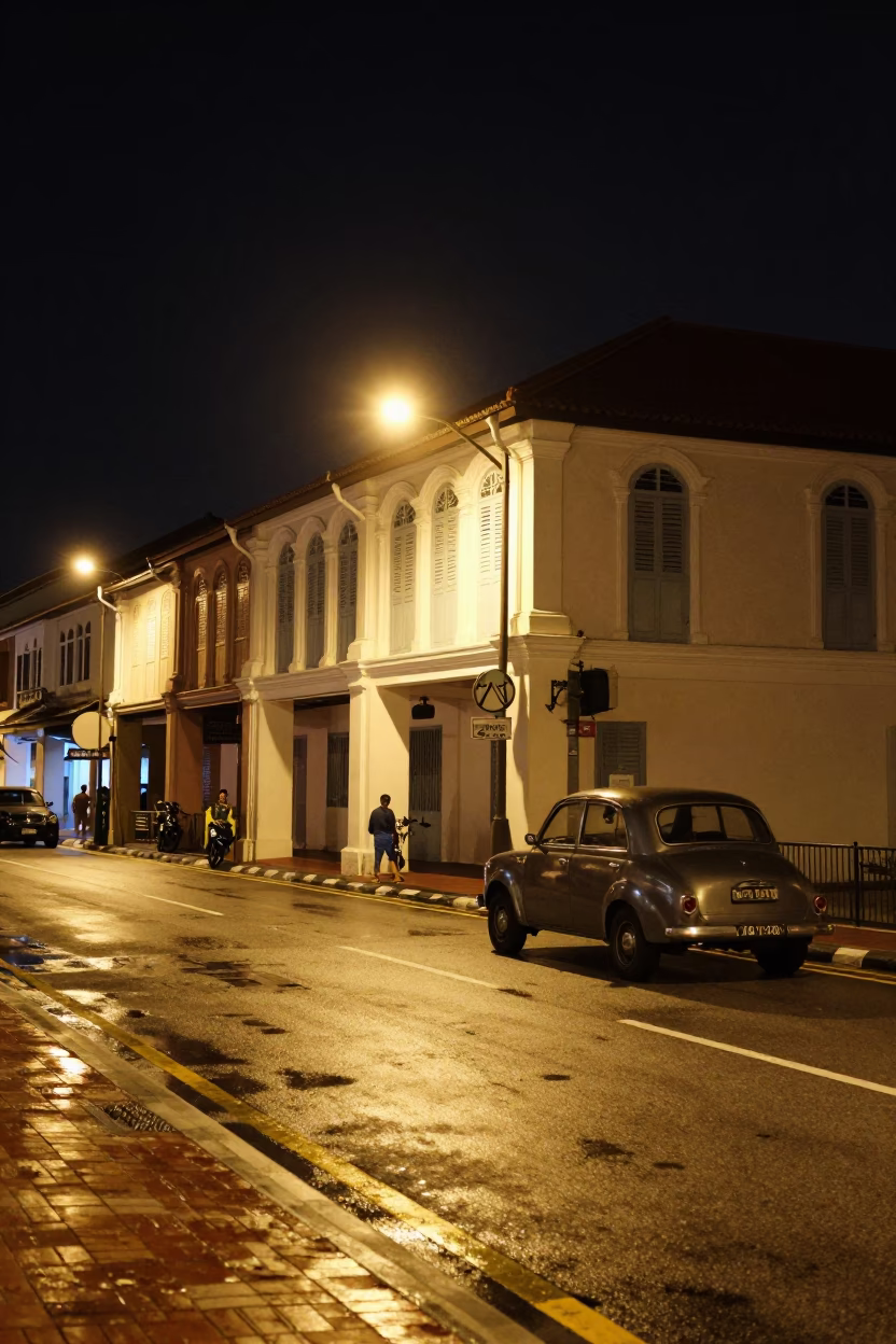 Late Night George Town Street Scene with Vintage Car and Local Shopfronts in in George Town, Malaysia