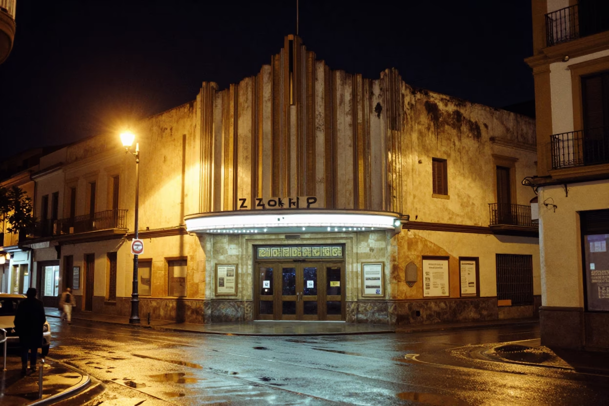 Late Night Granada Spain Street Scene with Art Deco Cinema Facade and Local Nightlife in in Granada, Spain