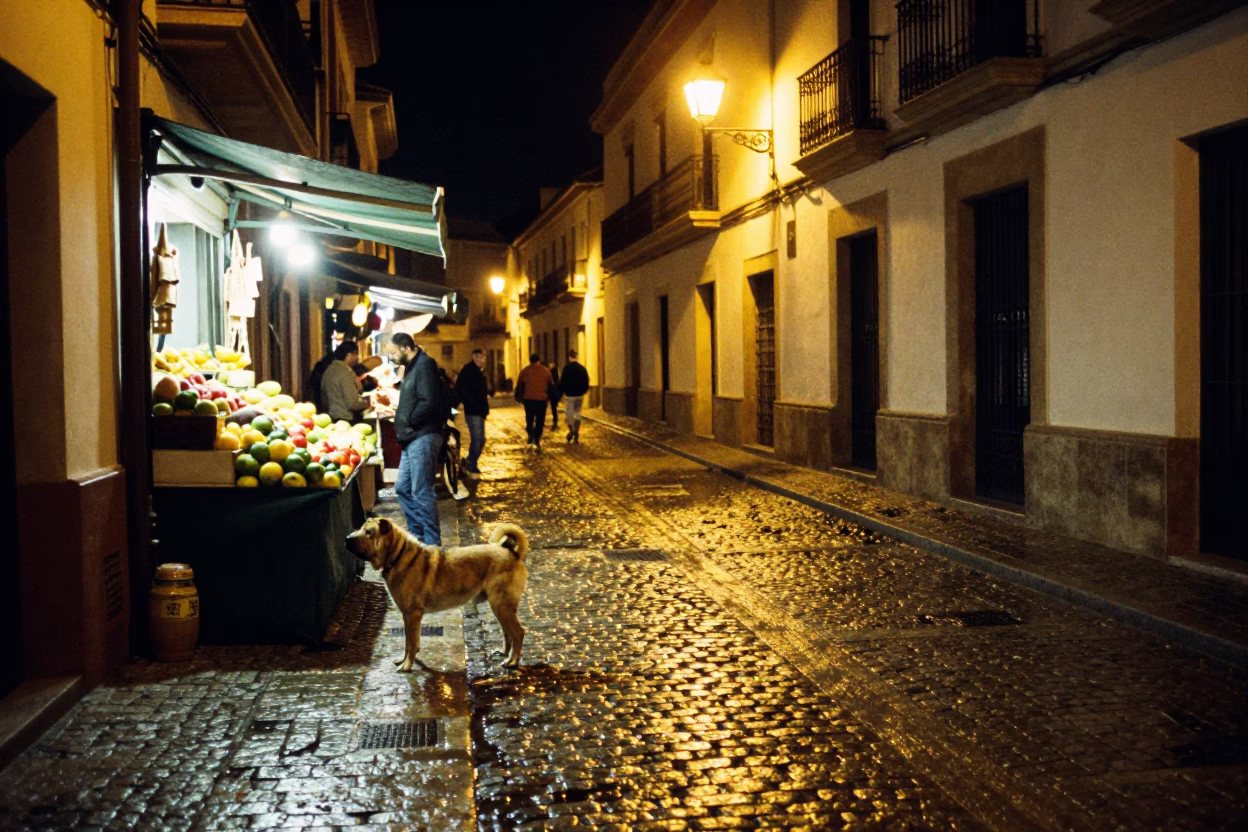 Late Night Granada Spain Street Scene with Dog and Market Stalls in in Granada, Spain