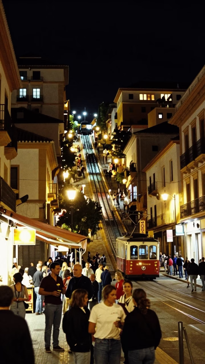 Late Night Granada Spain Street Scene with Funicular and Urban Details in in Granada, Spain