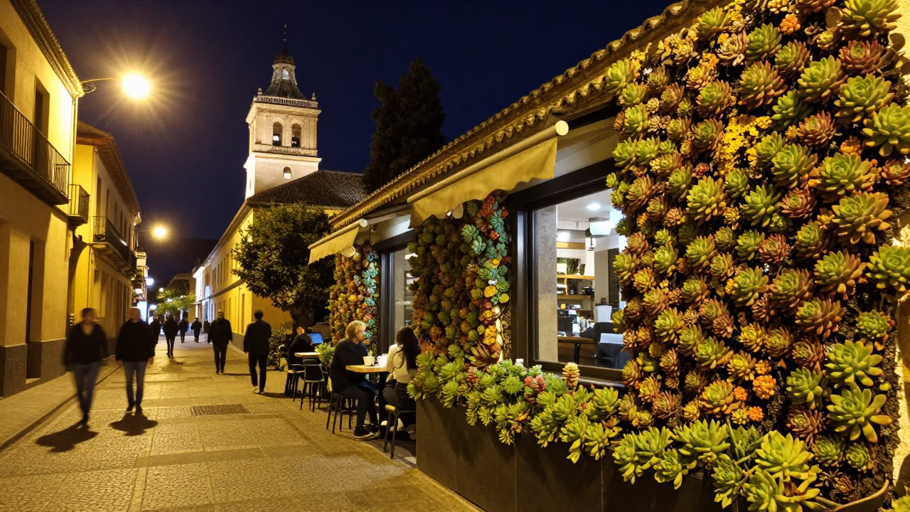 Late Night Granada Spain Street Scene with Lichen Parapets and Succulent Living Wall in in Granada, Spain