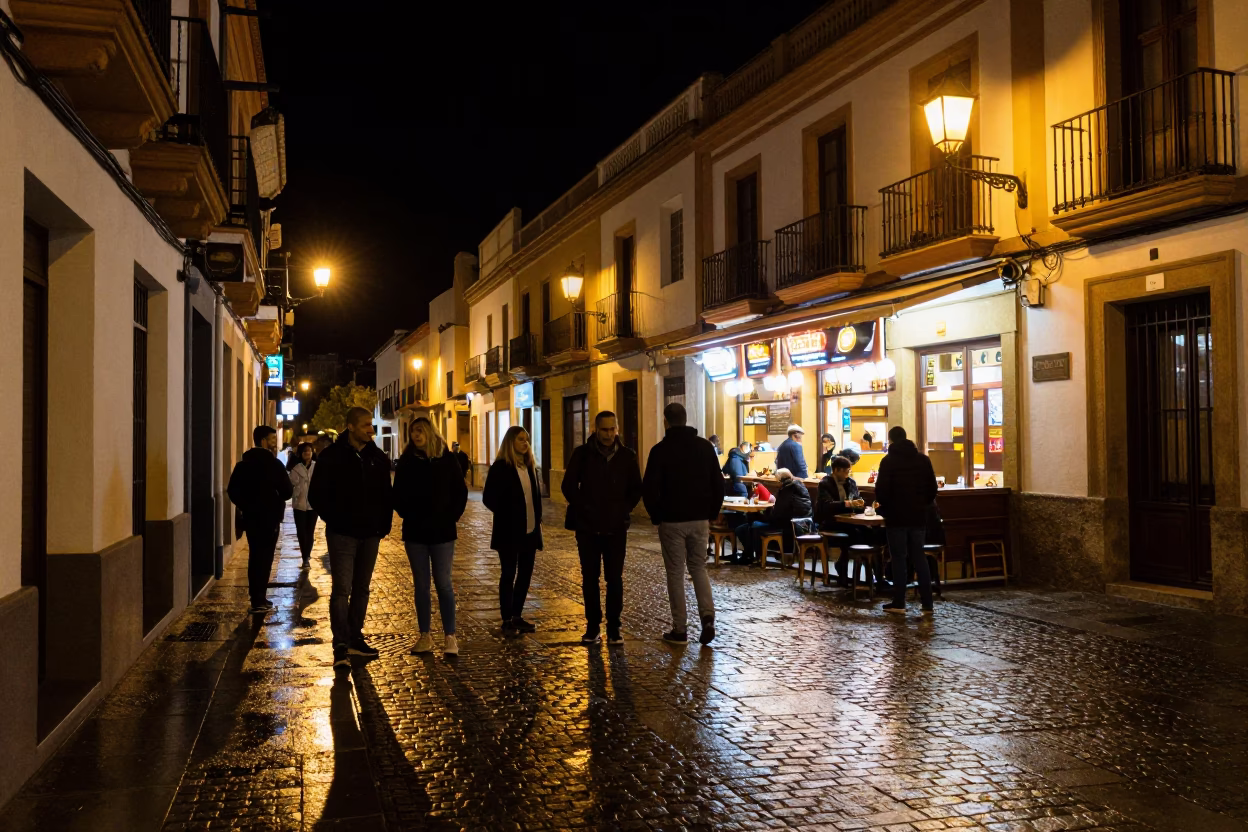 Late Night Granada Spain Street Scene with Neon Lights and Local Interaction in in Granada, Spain