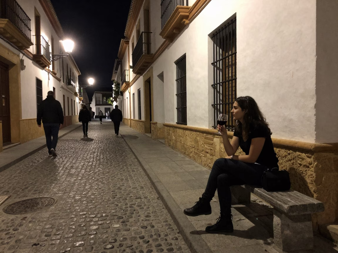 Late Night Granada Spain Street Scene with Red Wine and Tamarind Tree in in Granada, Spain