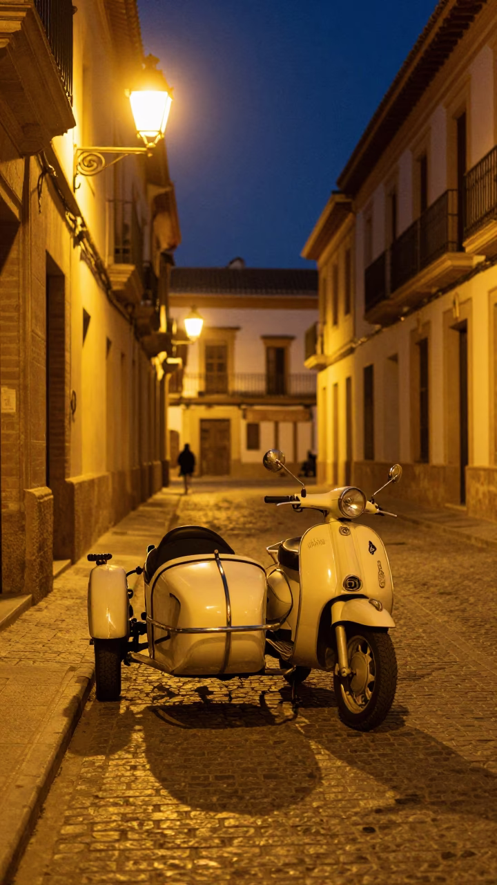 Late Night Granada Spain Street Scene with Vintage Motorcycle and Sidecar Under Alhambra Lights in in Granada, Spain