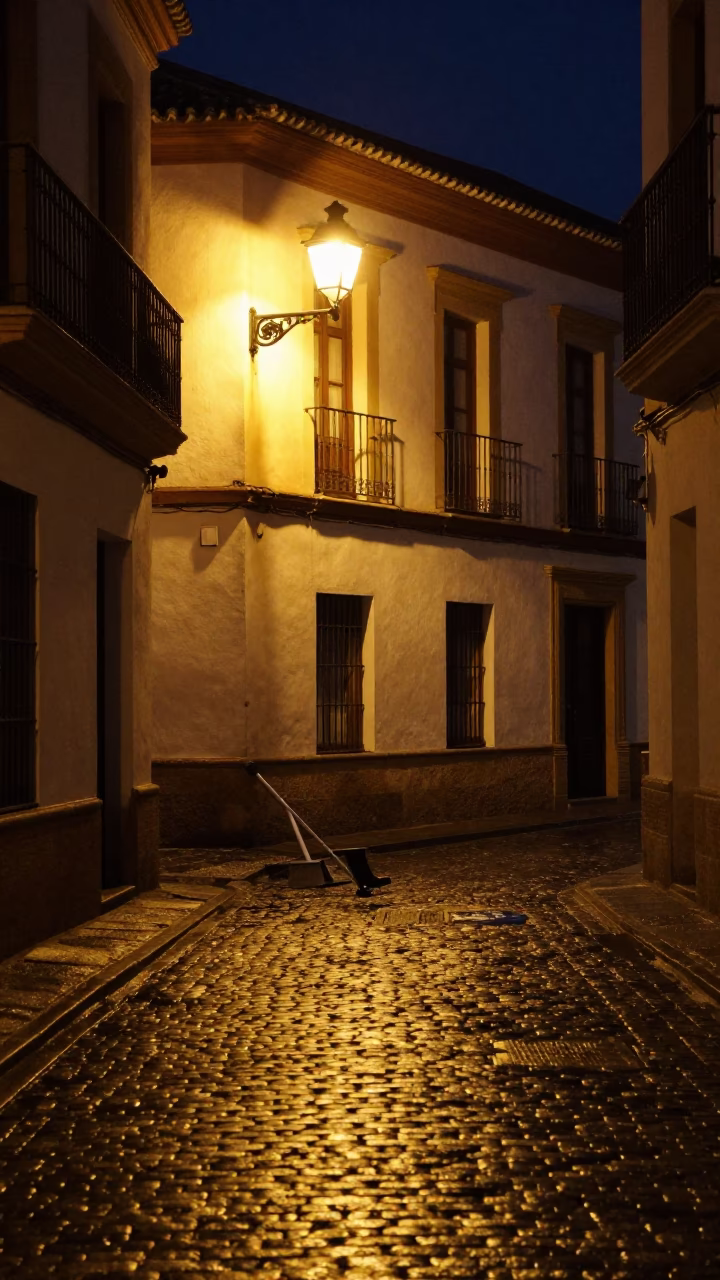 Late Night Granada Street Scene with Boot Scraper and Glass Jar in in Granada, Spain