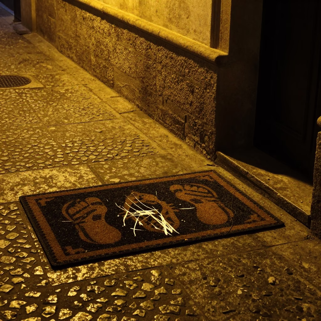 Late Night Granada Street Scene with Doormat and Scratched Tiles in in Granada, Spain