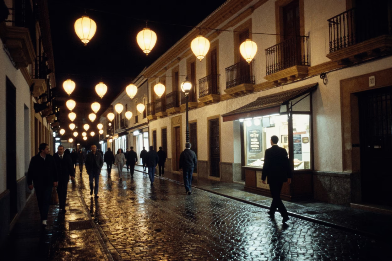 Late Night Granada Street Scene with Hanging Lanterns and Cobblestone Reflections in in Granada, Spain