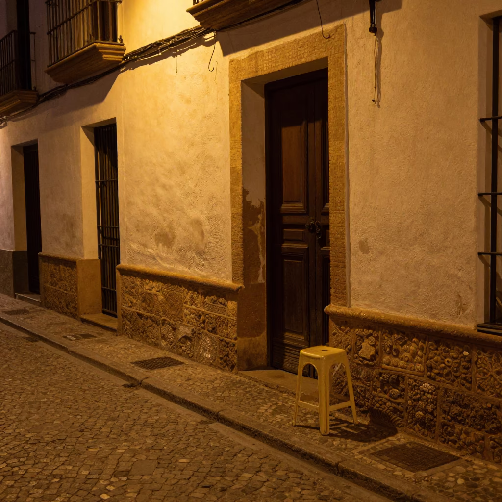 Late Night Granada Street Scene with Kitchen Stool and Drainage Details in in Granada, Spain