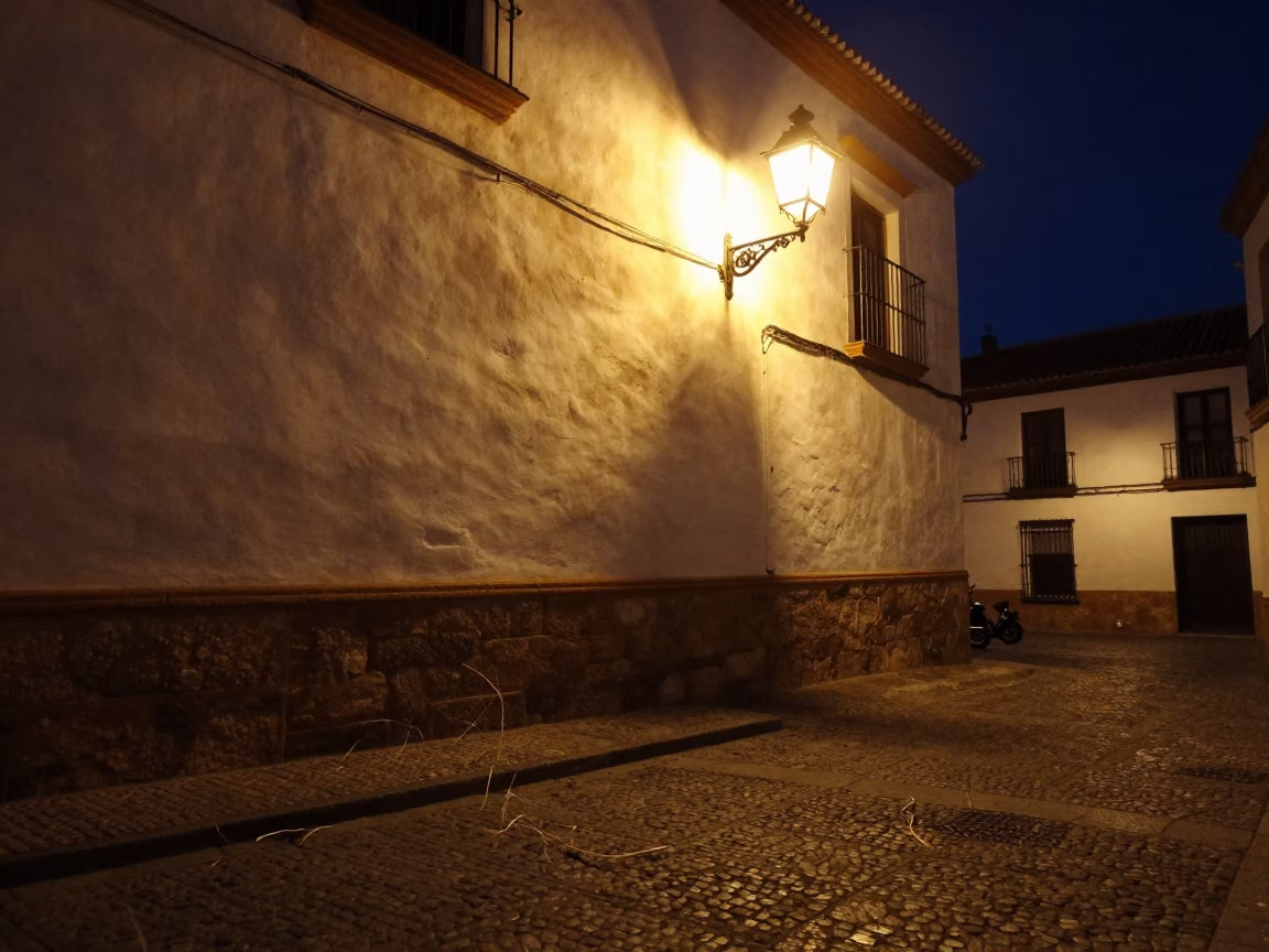 Late Night Granada Street Scene with Lantern Light and Cobblestone Details in in Granada, Spain