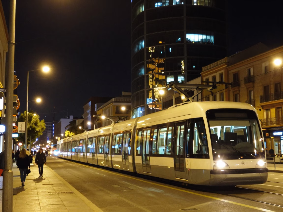 Late Night Granada Street Scene with Monorail Reflections and Urban Glass Skyscrapers in in Granada, Spain