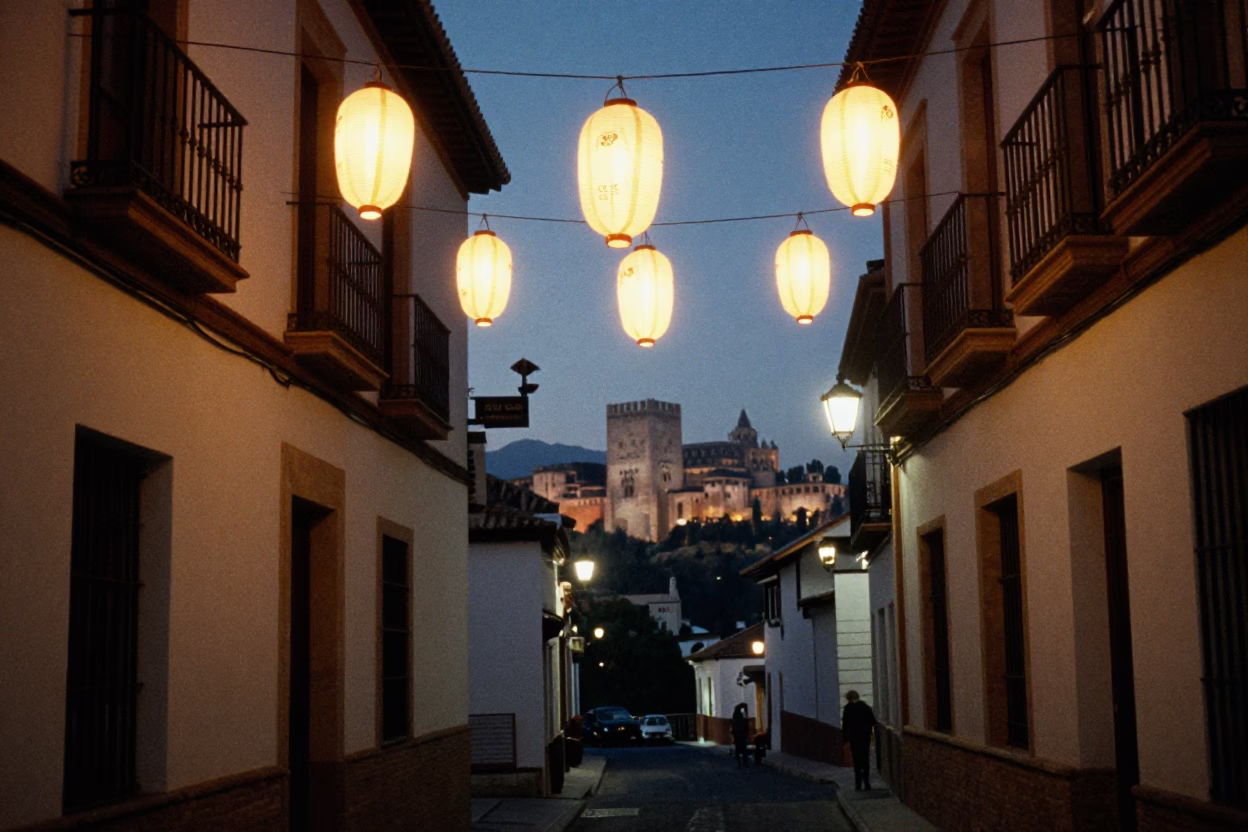 Late Night Granada Street Scene with Paper Lanterns and Iron Architecture in in Granada, Spain