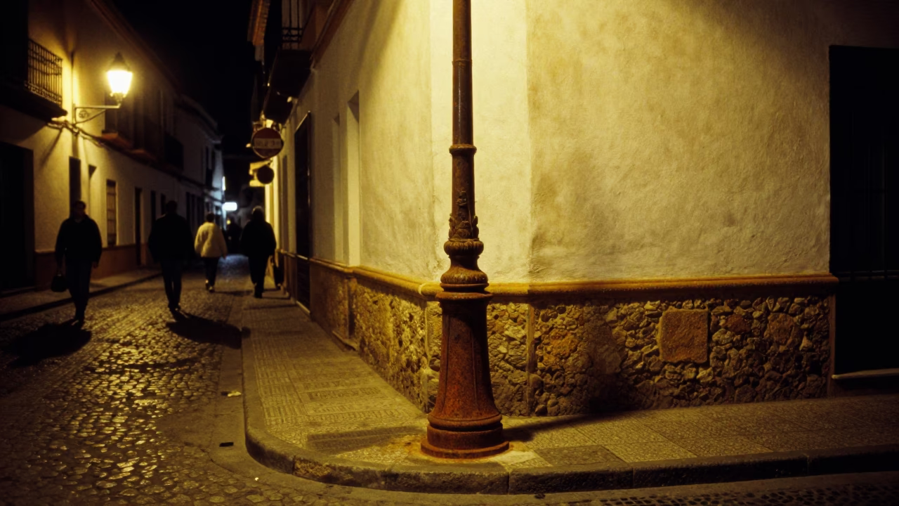 Late Night Granada Street Scene with Rusty Lamp Base and Local Interaction in in Granada, Spain