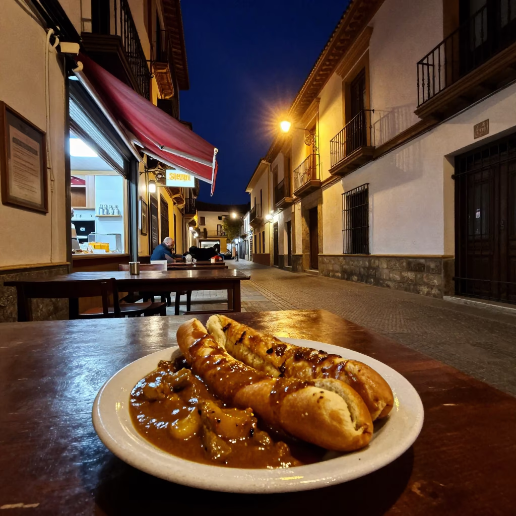 Late Night Granada Street Scene with Spanish Currywurst and Adjustable Spanner in in Granada, Spain