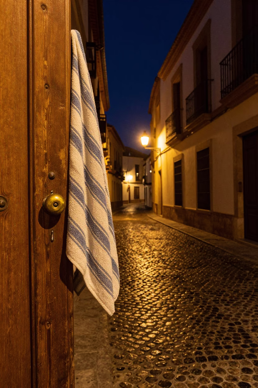 Late Night Granada Street Scene with Striped Towel and Doorknob Detail in in Granada, Spain