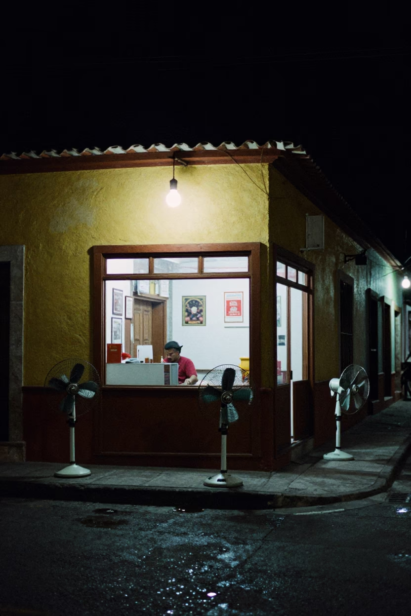 Late Night Guadalajara Street Corner with Table Fans and Night Light in in Guadalajara, Mexico