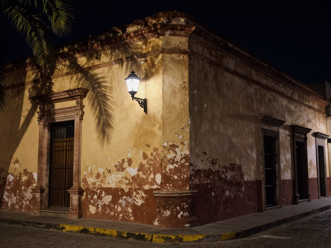 Late Night Guadalajara Street Corner With Wall Sconce And Iron Deadbolt Details in in Guadalajara, Mexico