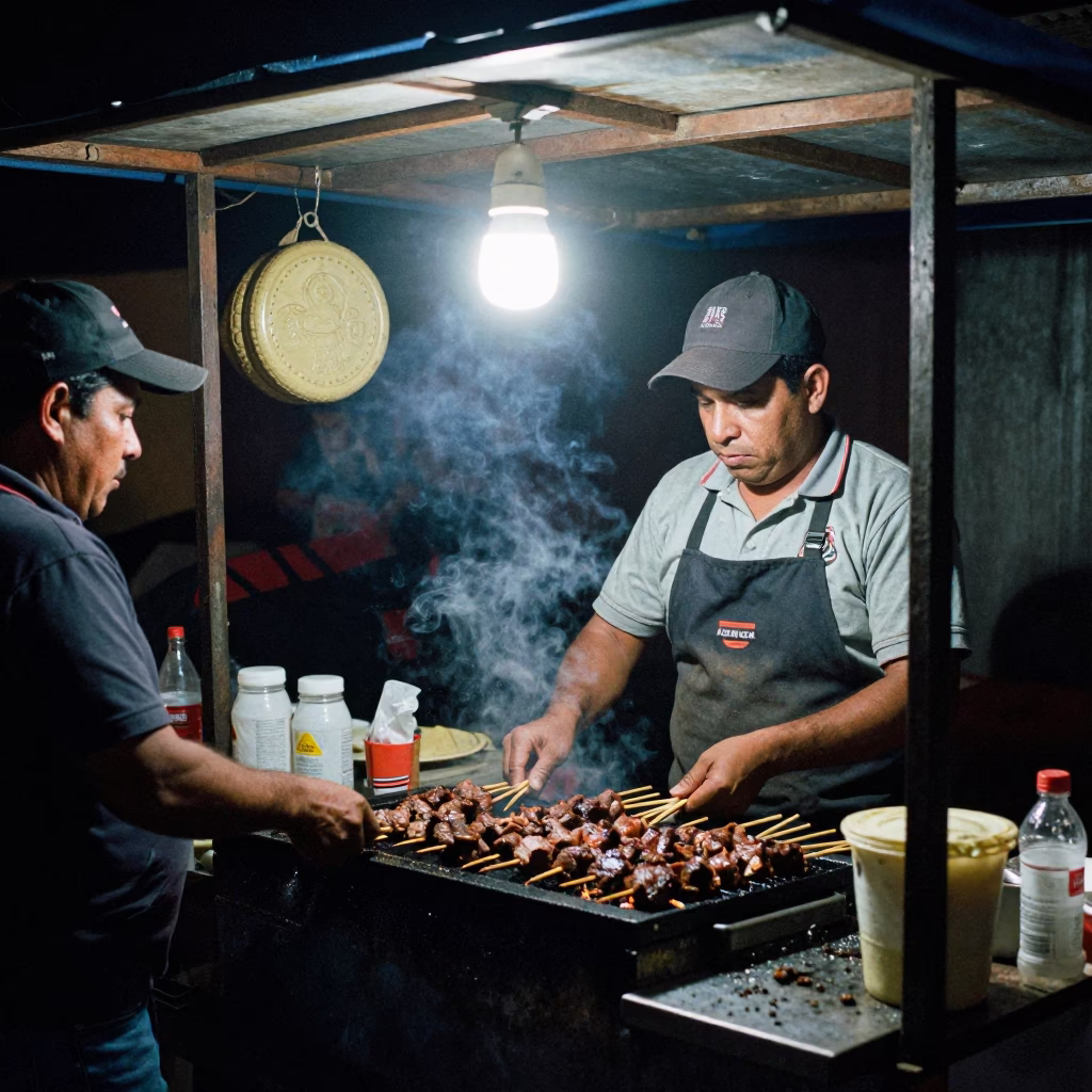 Late Night Guadalajara Street Food Stall with Anticuchos and Patterned Rug in in Guadalajara, Mexico