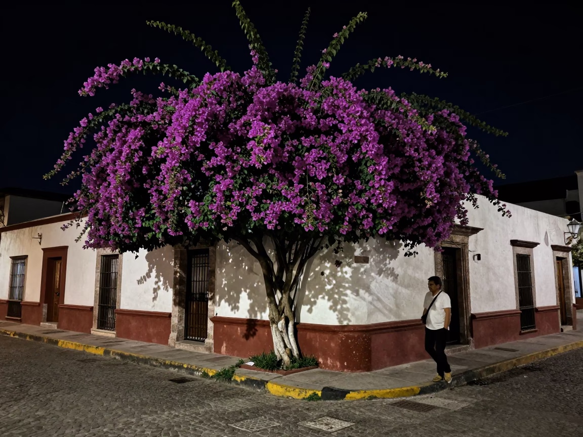 Late Night Guadalajara Street Scene with Bougainvillea and Local Dining in in Guadalajara, Mexico