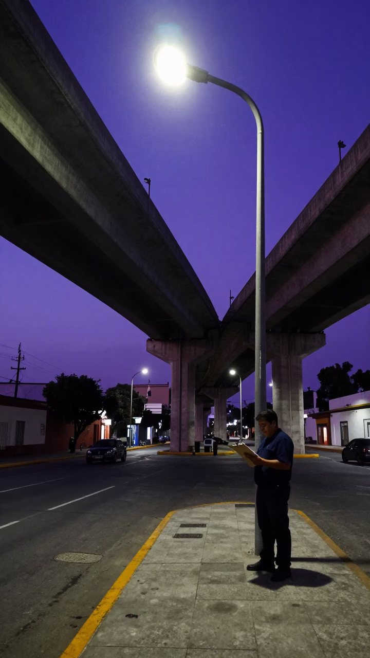 Late Night Guadalajara Street Scene with Clipboard and Violet Sky Overpass in in Guadalajara, Mexico