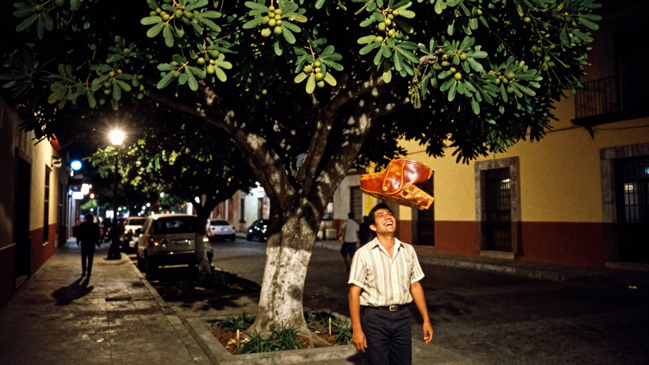 Late Night Guadalajara Street Scene with Fig Tree and Leather Basketball in in Guadalajara, Mexico