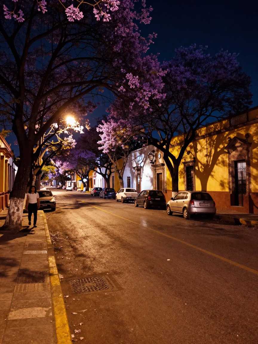 Late Night Guadalajara Street Scene with Jacaranda Boulevard and Urban Light in in Guadalajara, Mexico