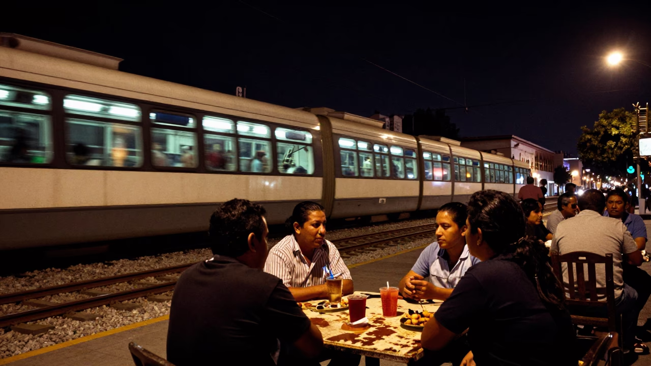 Late Night Guadalajara Street Scene with Monorail and Local Dining Details in in Guadalajara, Mexico