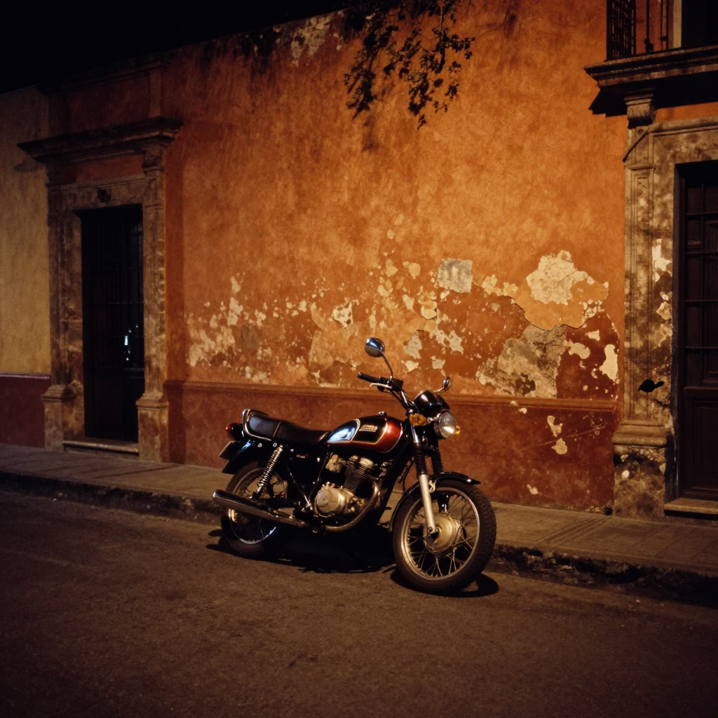 Late Night Guadalajara Street Scene with Motorcycle and Neon Signs in in Guadalajara, Mexico