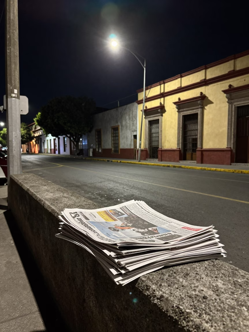 Late Night Guadalajara Street Scene with Newspaper Stack and Door Handle in in Guadalajara, Mexico