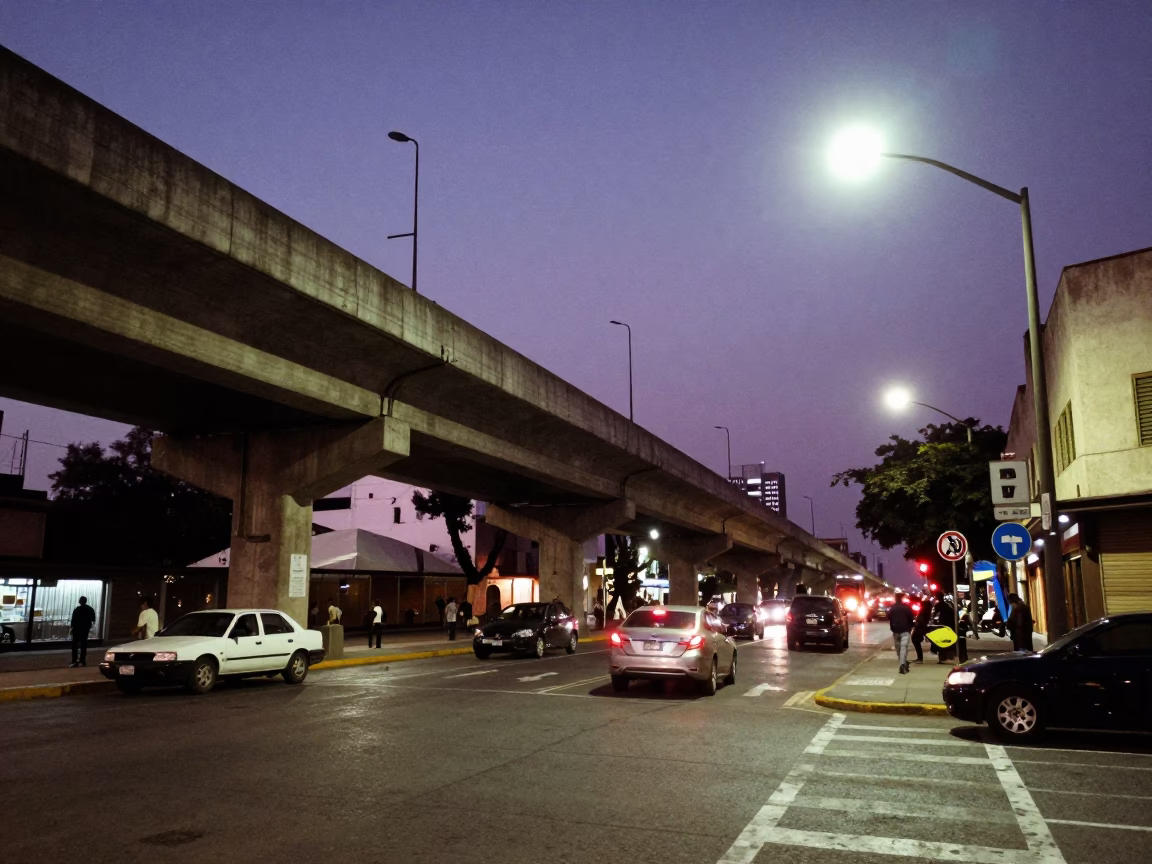 Late Night Guadalajara Street Scene with Overpass and Urban Details in in Guadalajara, Mexico