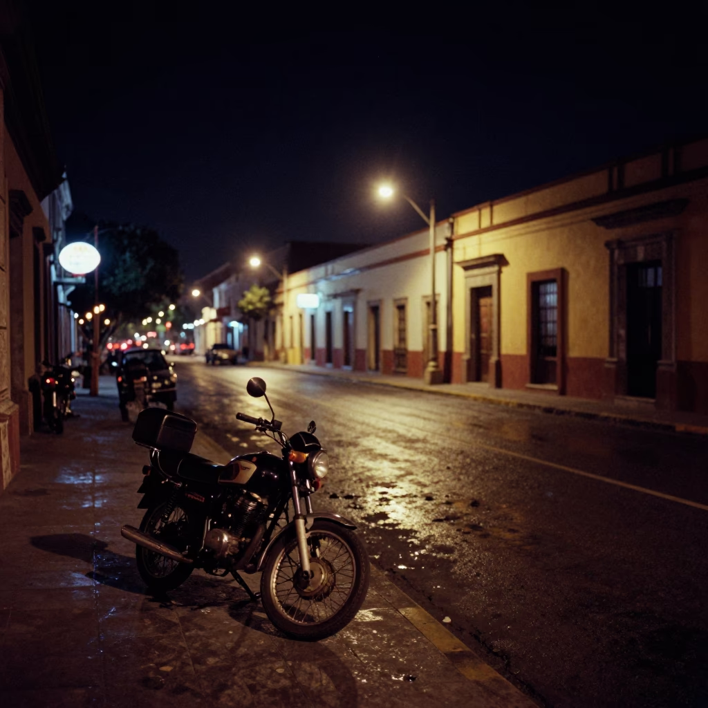 Late Night Guadalajara Street Scene with Parked Motorcycle and Neon Signage in in Guadalajara, Mexico