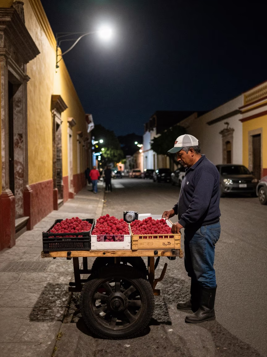 Late Night Guadalajara Street Scene with Raspberries and Boot Scraper in in Guadalajara, Mexico