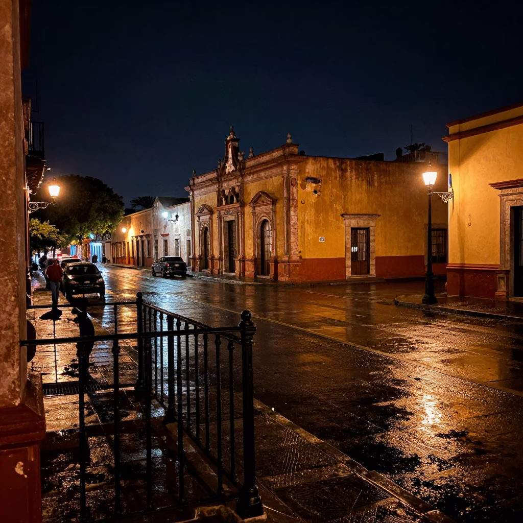 Late Night Guadalajara Street Scene with Stair Rail and Local Life in in Guadalajara, Mexico