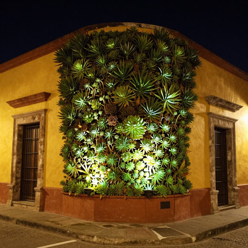 Late Night Guadalajara Street Scene with Succulent Living Wall and Grease Sheen in in Guadalajara, Mexico