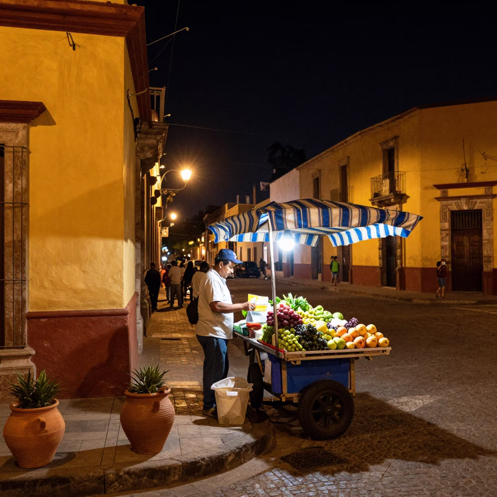Late Night Guadalajara Street Scene with Terracotta Pots and Cardigans in in Guadalajara, Mexico