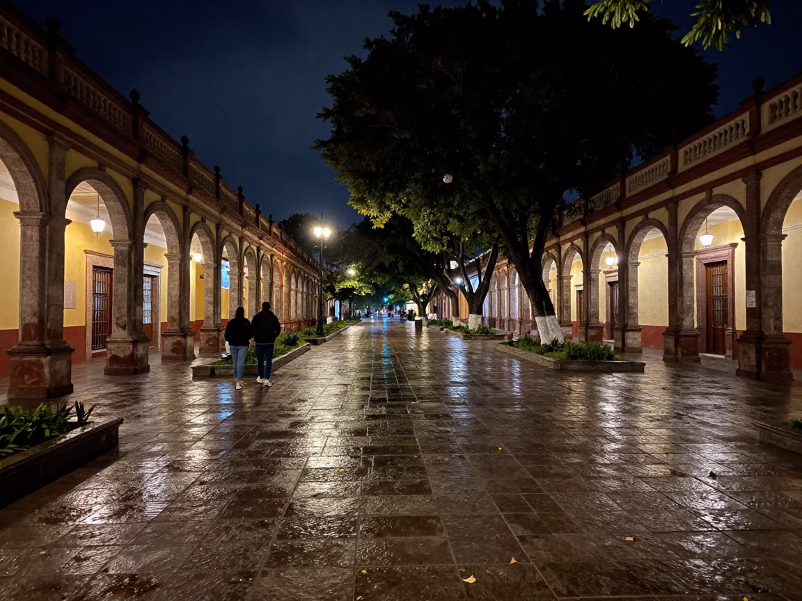 Late Night Guadalajara Street Scene with University Arcade and Wet Leaves in in Guadalajara, Mexico